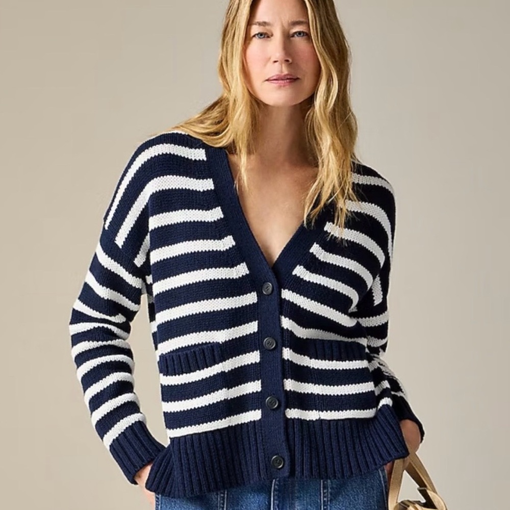 J. Crew Heritage Cotton Navy Blue Stripe Relaxed Cardigan Sweater Top, L